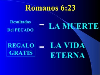 Romanos 6:23
Resultados
Del PECADO
= LA MUERTE
REGALO
GRATIS
= LA VIDA
ETERNA
 