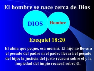 DIOS Hombre
Ezequiel 18:20
El hombre se nace cerca de Dios
El alma que peque, esa morirá. El hijo no llevará
el pecado del padre ni el padre llevará el pecado
del hijo; la justicia del justo recaerá sobre él y la
impiedad del impío recaerá sobre él.
 