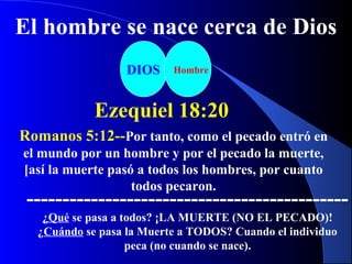 DIOS Hombre
Ezequiel 18:20
El hombre se nace cerca de Dios
Romanos 5:12--Por tanto, como el pecado entró en
el mundo por un hombre y por el pecado la muerte,
[así la muerte pasó a todos los hombres, por cuanto
todos pecaron.
---------------------------------------------
¿Qué se pasa a todos? ¡LA MUERTE (NO EL PECADO)!
¿Cuándo se pasa la Muerte a TODOS? Cuando el individuo
peca (no cuando se nace).
 