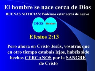 DIOS Hombre
Efesios 2:13
El hombre se nace cerca de Dios
Pero ahora en Cristo Jesús, vosotros que
en otro tiempo estabais lejos, habéis sido
hechos CERCANOS por la SANGRE
de Cristo
BUENAS NOTICIAS: Podemos estar cerca de nuevo
 