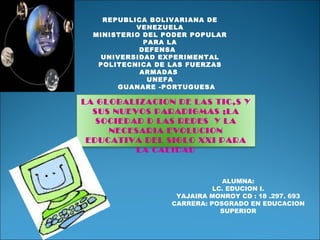 REPUBLICA BOLIVARIANA DE VENEZUELA MINISTERIO DEL PODER POPULAR PARA LA DEFENSA  UNIVERSIDAD EXPERIMENTAL POLITECNICA DE LAS FUERZAS ARMADAS  UNEFA GUANARE -PORTUGUESA ALUMNA: LC. EDUCION I. YAJAIRA MONROY CD : 18 .297. 693 CARRERA: POSGRADO EN EDUCACION SUPERIOR LA GLOBALIZACION DE LAS TIC,S Y SUS NUEVOS PARADIGMAS ;LA SOCIEDAD D LAS REDES  Y LA NECESARIA EVOLUCION EDUCATIVA DEL SIGLO XXI PARA LA CALIDAD 
