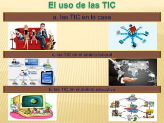 b. las TIC en el ámbito educativo
a. las TIC en la casa
c. las TIC en el ámbito laboral
 