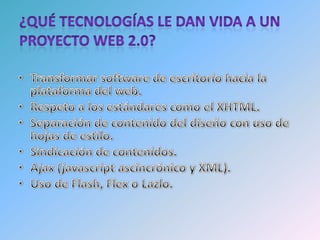 Uso de Ruby on Rails para programar páginas dinámicas.Utilización de redes sociales al manejar usuarios y comunidades.Dar control total a los usuarios en el manejo de su información.Proveer APis o XML para que las aplicaciones puedan ser manipuladas por otros.Facilitar el posicionamiento con URL sencillos.