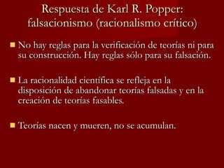 Respuesta de Karl R. Popper: falsacionismo (racionalismo crítico) No hay reglas para la verificación de teorías ni para su construcción. Hay reglas sólo para su falsación.  La racionalidad científica se refleja en la disposición de abandonar teorías falsadas y en la creación de teorías fasables.  Teorías nacen y mueren, no se acumulan. 