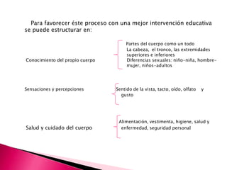 Para favorecer éste proceso con una mejor intervención educativa
se puede estructurar en:

                                      Partes del cuerpo como un todo
                                      La cabeza, el tronco, las extremidades
                                      superiores e inferiores
Conocimiento del propio cuerpo        Diferencias sexuales: niño-niña, hombre-
                                      mujer, niños-adultos




Sensaciones y percepciones       Sentido de la vista, tacto, oído, olfato   y
                                   gusto




                                  Alimentación, vestimenta, higiene, salud y
Salud y cuidado del cuerpo         enfermedad, seguridad personal
 