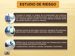 ESTUDIO DE RIESGO

Consiste en realizar un análisis de la problemática que enfrentan
alumnos en el exterior del plantel escolar, como la venta de drogas
por personas ajenas al plantel; así como detectar la tiendas donde
les venden alcohol y cigarros a menores.




Detectar puntos de alto riesgo como son: paraderos de autobuses,
sitios de taxis, terrenos baldíos, barrancas, deportivos, parques.




Verificar que en el entorno escolar exista una infraestructura urbana
en buen estado para prevenir accidentes.
( señalamientos, semáforos, puentes, banquetas y alumbrado)
 