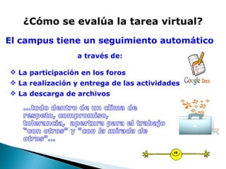 ¿Cómo se evalúa la tarea virtual? El campus tiene un seguimiento automático   a través de:   La participación en los foros La realización y entrega de las actividades   La descarga de archivos    