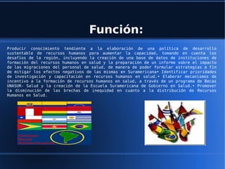 Función:
Producir conocimiento tendiente a la elaboración de una política de desarrollo
sustentable de recursos humanos para aumentar la capacidad, tomando en cuenta los
desafíos de la región, incluyendo la creación de una base de datos de instituciones de
formación del recursos humanos en salud y la preparación de un informe sobre el impacto
de las migraciones del personal de salud, de manera de poder formular estrategias a fin
de mitigar los efectos negativos de las mismas en Suramericana• Identificar prioridades
de investigación y capacitación en recursos humanos en salud.• Elaborar mecanismos de
incentivo a la formación de recursos humanos en salud, a través de un programa de Becas
UNASUR- Salud y la creación de la Escuela Suramericana de Gobierno en Salud.• Promover
la disminución de las brechas de inequidad en cuanto a la distribución de Recursos
Humanos en Salud.
 