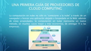 UNA PRIMERA GUÍA DE PROVEEDORES DE
CLOUD COMPUTING
La computación en nube no sólo es “conectarte a la nube” a través de un
navegador y buscar una aplicación alojada u hospedada en la Web; además
de estas propiedades, la computación en nube representa un nuevo
método, en muchos casos mejor y más económico, de entregar TI a las
empresas.
 