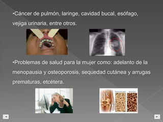 Respiratorias.Cáncer de pulmón, laringe, cavidad bucal, esófago, vejiga urinaria, entre otros.