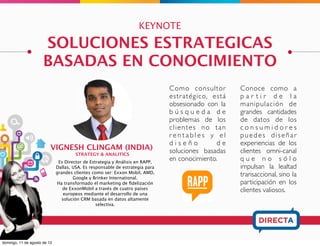 KEYNOTE
MARTIN BRADBURY PHD (UK)
MODELING & INSIGHT
	
  Director	
  Internacional	
  de	
  Servicios	
  al	
  Cliente	
  de	
  CallCredit	
  con	
  
más	
  de	
  25	
  años	
  de	
  experiencia	
  en	
  consumer	
  insight	
  .	
  Lidera	
  el	
  
desarrollo	
  del	
  so:ware	
  de	
  clasiﬁcación	
  y	
  modelado	
  geográﬁco	
  
para	
  mercados	
  internacionales	
  y	
  provee	
  coaching	
  sobre	
  el	
  	
  
So:ware	
  CAMEO	
  a	
  importantes	
  empresas	
  en	
  todo	
  el	
  planeta.	
  	
  
CONSUMER INSIGHTS FROM GEOGRAPHICAL
CLASSIFICATION & MODELING SYSTEMS
C o n o c e r á n
c o m o l o s
d a t o s
geográﬁcos en
particular y el
enriquecimien
to de datos
en general,
p u e d e n
p r o d u c i r
i m p a c t o s
enormes en el
botom-line de
sus empresas.
PhD Bradbury
nos guiará en
e s t e
apasionante
camino a
p a r t i r d e
casos de éxito
de Latam y
del mundo .
 
