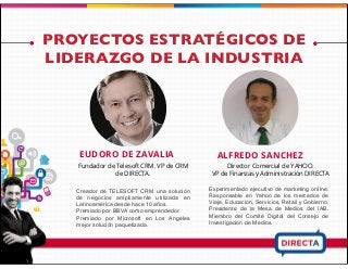 PROYECTOS ESTRATÉGICOS DE
LIDERAZGO DE LA INDUSTRIA
EUDORO DE ZAVALIA
Creador de TELESOFT CRM una solución
de negocios ampliamente utilizada en
Latinoamérica desde hace 10 años.
Premiado por BBVA como emprendedor.
Premiado por Microsoft en Los Angeles
mejor solución paquetizada.
ALFREDO SANCHEZ
Director Comercial de YAHOO.
VP de Finanzas y Administración DIRECTA
Experimentado ejecutivo de marketing online.
Responsable en Yahoo de los mercados de
Viaje, Educación, Servicios, Retail y Gobierno.
Presidente de la Mesa de Medios del IAB.
Miembro del Comité Digital del Consejo de
Investigación de Medios.
Fundador de Telesoft CRM. VP de CRM
de DIRECTA.
 