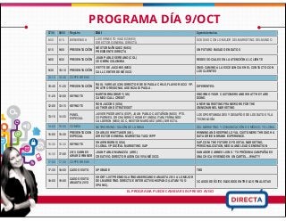 PROGRAMA DÍA 9/OCT
0730 0800 Registro DIA I Agenda tentativa
8:00 8.15 BIENVENIDA LUIS ERNESTO VALDEZ (MEX)
DIRECTOR GENERAL DIRECTA
DOS DIAS CON LO MEJOR DEL MARKETING DEL MUNDO
8.15 9:00 PRESENTACIÓN
NÉSTOR MÁRQUEZ (MEX)
PRESIDENTE DIRECTA
UN FUTURO BASADO EN DATOS
9:00 9:30 PRESENTACIÓN
JUAN PABLO SERRANO (COL)
CEO BRM COLOMBIA REDES SOCIALES EN LA ATENCIÓN AL CLIENTE
9:30 10:10 PRESENTACIÓN
IVETTE DE JACOBIS (MEX)
CALL CENTER DE MÉXICO
GMD: CAMINO A LA EXCELENCIA EN EL CONTACTO CON
LOS CLIENTES
10:10 10:40 COFFE BREAK
10:40 11:20 PRESENTACIÓN
RAUL VARGAS (CHI) DIRECTOR DE DI PAOLA CHILE, FLAVIO RUCCI VP.
REATIVO REGIONAL AGENCIA DI PAOLA.
DIFERENTES:
11:20 12:00 KEYNOTE
MARTIN BRADBURY (UK)
CAMEO/CALL CREDIT
KNOWING YOUR CUSTOMERS AND WHAT THEY ARE
DOING
12:00 13:15 KEYNOTE
RON JACOBS (USA)
AUTHOR AND STRATEGIST
A NEW MARKETING FRAMEWORK FOR THE
OMNICHANNEL MARKETING
13:15 14:00
PANEL
ESPECIAL
JAVIER PIEDRAHITA (ESP), JUAN PABLO CASTAÑON (MEX) PTE.
COPARMEX, DR CHANDRA CHOUBEY (INDIA) ITAM, FERNANDO
CALDERON (MEX) OCC, NESTOR MARQUEZ (ARG.) DIRECTA.
LOS OPORTUNIDADES Y DESAFÍOS DE LOS DATOS Y LA
TECNOLOGÍA
14:00 15:00 COMIDA NETWORKING / SALÓN DE LA FAMA DEL MARKETING Y COMUNICACIÓN DE MÉXICO Y GLOBAL
15:00 15:30
PRESENTACION
ESPECIAL
CHARLES WHITTAKER (UK).
DIRECTOR GENERAL MARKETDATAG2 WPP
WINNING AND KEEPING LOYAL CUSTOMERS THROUGH A
DATA DRIVEN BRAND EXPERIENCE.
15:30 16:30 KEYNOTE
SHAWN BURNS (USA)
GLOBAL VP DIGITAL MARKETING SAP
SAP.COM: THE FUTURE OF DIGITAL MARKETING,
PERSONALIZATION, MEDIA AND LEAD GENERATION
16:30 17:00
2013 CANNES
AWARD WINNER
JUAN PABLO MANAZZA (ARG)
CREATIVO. DIRECTOR AGENCIA VIVA MÉXICO.
GANADOR CANNES LIONS. “TU PRÓXIMA CAMPAÑA ES
UNA CHICA VIVIENDO EN UN CARTEL...WHAT?!
17:00 17:30 COFFE BREAK
17:30 18:00 CASOS EXITO UPGRADE TBD
18:00 19:00
CASOS EXITO
AMAUTA 2013
SHORT LIST PREMIOS LATINOAMERICANOS AMAUTA 2013 A LO MEJOR
DEL MARKETING DIRECTO E INTERACTIVO HISPANO (LATAM Y US-
SPANIC).
3 CASOS DE ÉXITO ELEGIDOS ENTRE LOS FINALISTAS
EL PROGRAMA PUEDE CAMBIAR SIN PREVIO AVISO
 