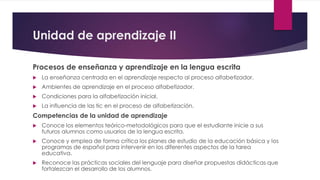 Unidad de aprendizaje II
Procesos de enseñanza y aprendizaje en la lengua escrita
 La enseñanza centrada en el aprendizaje respecto al proceso alfabetizador.
 Ambientes de aprendizaje en el proceso alfabetizador.
 Condiciones para la alfabetización inicial.
 La influencia de las tic en el proceso de alfabetización.
Competencias de la unidad de aprendizaje
 Conoce los elementos teórico-metodológicos para que el estudiante inicie a sus
futuros alumnos como usuarios de la lengua escrita.
 Conoce y emplea de forma crítica los planes de estudio de la educación básica y los
programas de español para intervenir en los diferentes aspectos de la tarea
educativa.
 Reconoce las prácticas sociales del lenguaje para diseñar propuestas didácticas que
fortalezcan el desarrollo de los alumnos.
 