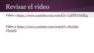 Revisar el video
Video 1 https://www.youtube.com/watch?v=14FDU7uzSLg
Video 2 https://www.youtube.com/watch?v=RwQm-
Ufyq0Q
 