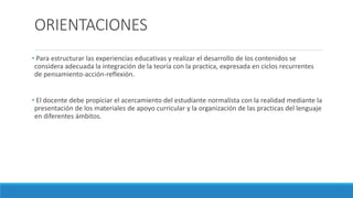 ORIENTACIONES
• Para estructurar las experiencias educativas y realizar el desarrollo de los contenidos se
considera adecuada la integración de la teoría con la practica, expresada en ciclos recurrentes
de pensamiento-acción-reflexión.
• El docente debe propiciar el acercamiento del estudiante normalista con la realidad mediante la
presentación de los materiales de apoyo curricular y la organización de las practicas del lenguaje
en diferentes ámbitos.
 