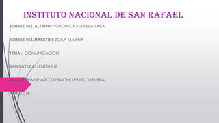 INSTITUTO NACIONAL DE SAN RAFAEL
NOMBRE DEL ALUMNO : VERONICA MARIELA LARA
NOMBRE DEL MAESTRO: ZOILA MARINA
TEMA : COMUNICACIÓN
ASIGNATURA: LENGUAJE
GRADO: PRIMER AÑO DE BACHILLERATO GENERAL
AÑO: 2,018
 