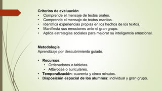 Criterios de evaluación
• Comprende el mensaje de textos orales.
• Comprende el mensaje de textos escritos.
• Identifica experiencias propias en los hechos de los textos.
• Manifiesta sus emociones ante el gran grupo.
• Aplica estrategias sociales para mejorar su inteligencia emocional.
Metodología
Aprendizaje por descubrimiento guiado.
• Recursos:
• Ordenadores o tabletas.
• Altavoces o auriculares.
• Temporalización: cuarenta y cinco minutos.
• Disposición espacial de los alumnos: individual y gran grupo.
 