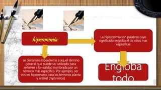 se denomina hiperónimo a aquel término
general que puede ser utilizado para
referirse a la realidad nombrada por un
término más específico. Por ejemplo, ser
vivo es hiperónimo para los términos planta
y animal (hipónimos)
La hiperonimia son palabras cuyo
significado engloba el de otras mas
espesificas
hiperonimia
Engloba
todo
 
