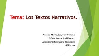 Tema: Los Textos Narrativos.
Jessenia María Menjivar Orellana
Primer Año de Bachillerato.
Asignatura: Lenguaje y Literatura
6/8/2020
 