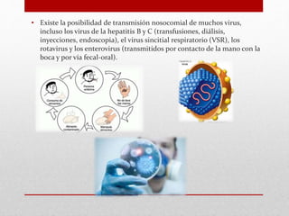 • Existe la posibilidad de transmisión nosocomial de muchos virus,
incluso los virus de la hepatitis B y C (transfusiones, diálisis,
inyecciones, endoscopia), el virus sincitial respiratorio (VSR), los
rotavirus y los enterovirus (transmitidos por contacto de la mano con la
boca y por vía fecal-oral).
 