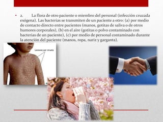 • 2. La flora de otro paciente o miembro del personal (infección cruzada
exógena). Las bacterias se transmiten de un paciente a otro: (a) por medio
de contacto directo entre pacientes (manos, gotitas de saliva o de otros
humores corporales), (b) en el aire (gotitas o polvo contaminado con
bacterias de un paciente), (c) por medio de personal contaminado durante
la atención del paciente (manos, ropa, nariz y garganta).
 