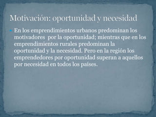  En los emprendimientos urbanos predominan los
 motivadores por la oportunidad; mientras que en los
 emprendimientos rurales predominan la
 oportunidad y la necesidad. Pero en la región los
 emprendedores por oportunidad superan a aquellos
 por necesidad en todos los países.
 