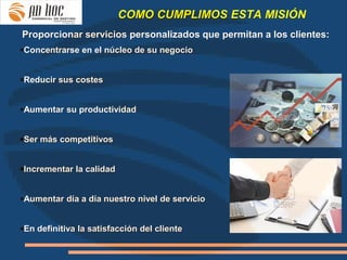 COMO CUMPLIMOS ESTA MISIÓN
Proporcionar servicios personalizados que permitan a los clientes:
Concentrarse en el núcleo de su negocio


Reducir sus costes


Aumentar su productividad


Ser más competitivos


Incrementar la calidad


Aumentar día a día nuestro nivel de servicio


En definitiva la satisfacción del cliente
 