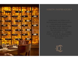 VISION INSPIRADORA
D
‘
ofrecemos al publico un
restaurante especializado en
exquisiteces donde
el usuario puede encontrar
un menu con todo lo
relacionado a este
arte culinario y tambien
podra volar su imaginacion
y hacer sus ideas una
realidad.
‘
‘
‘
‘
‘
 