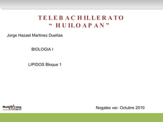 TELEBACHILLERATO “HUILOAPAN” Jorge Hazael Martinez Dueñas  BIOLOGIA I LIPIDOS Bloque 1 Nogales ver. Octubre 2010 