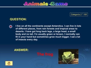 QUESTION:
Categoría 2 * 100
I live on all the continents except Antarctica. I can live in lots
of different places, from rain forests and tropical areas to
deserts. I have got long back legs, a large head, a small
body and no tail. I'm usually green or brown. I normally can
fit in your hand but sometimes grow much bigger. I eat a lot
of insects every day.
ANSWER:
The frog
 
