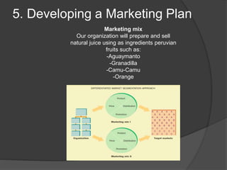 5. Developing a Marketing Plan
Marketing mix
Our organization will prepare and sell
natural juice using as ingredients peruvian
fruits such as:
-Aguaymanto
-Granadilla
-Camu-Camu
-Orange
 
