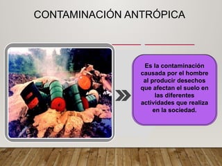 CONTAMINACIÓN ANTRÓPICA
Es la contaminación
causada por el hombre
al producir desechos
que afectan el suelo en
las diferentes
actividades que realiza
en la sociedad.
 