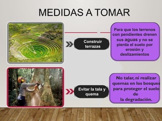 MEDIDAS A TOMAR
No talar, ni realizar
quemas en los bosques
para proteger el suelo
de
la degradación.
Construir
terrazas
Evitar la tala y
quema
Para que los terrenos
con pendientes drenen
sus aguas y no se
pierda el suelo por
erosión y
deslizamientos
 