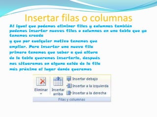 Insertar filas o columnas
Al igual que podemos eliminar filas y columnas también
podemos insertar nuevas filas o columnas en una tabla que ya
tenemos creada
y que por cualquier motivo tenemos que
ampliar. Para insertar una nueva fila
primero tenemos que saber a qué altura
de la tabla queremos insertarla, después
nos situaremos en alguna celda de la fila
más próxima al lugar donde queremos
 