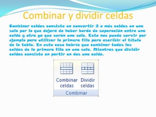 Combinar y dividir celdas
Combinar celdas consiste en convertir 2 o más celdas en una
sola por lo que dejará de haber borde de separación entre una
celda y otra ya que serán una sola. Esto nos puede servir por
ejemplo para utilizar la primera fila para escribir el título
de la tabla. En este caso habría que combinar todas las
celdas de la primera fila en una sola. Mientras que dividir
celdas consiste en partir en dos una celda.
 