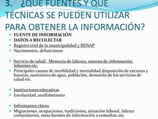 3. ¿QUÉ FUENTES Y QUE 
TÉCNICAS SE PUEDEN UTILIZAR 
PARA OBTENER LA INFORMACIÓN? 
 FUENTE DE INFORMACIÓN 
 DATOS A RECOLECTAR 
 Registro civil de la municipalidad y RENAP 
 Nacimientos, defunciones 
 Servicio de salud: Memoria de labores, sistema de información, 
informes etc. 
 Principales causas de morbilidad y mortalidad,disposición de excretas y 
basuras, suministro de agua, población, demanda de los servicios de 
salud etc. 
 Instituciones educativas 
 Escolaridad, analfabetismo 
 Informantes claves 
 Migraciones, ocupaciones, tradiciones, situación laboral, líderes 
comunitarios, otras fuentes de información a consultar, etc. 
 