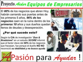 Equipos de Empresarios (as) El  80%  de los negocios que abren Hoy, habrán cerrando sus puertas antes de los primeros 5 años,  96% de los negocios  caen en la ruina dentro de los  primeros 10  años y sus dueños quedan llenos de deudas y desesperación. ¿Por qué sucede esto? Según la  CIA  de investigación “ Dun & Bradstreet ” en un estudio  SCORE  informó que el factor clave del  90%  de los negocios que fracasan, fue porque el dueño  NO NO  reconoció  su debilidad y no busco ayuda 