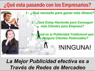 ¿Qué esta pasando con los Empresarios? !NINGUNA! La Mejor Publicidad efectiva es a Través de Redes de Mercadeo 1.- ¿Qué necesito para ganar más dinero? 2.- ¿Qué Estoy Haciendo para Conseguir más Clientes para Empresa? 3.- ¿Cuál es la Publicidad Tradicional que me Asegura Clientes Potenciales? 