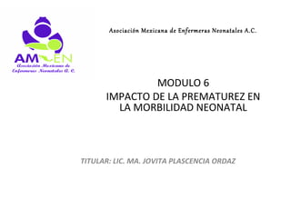 Asociación Mexicana de Enfermeras Neonatales A.C.




               MODULO 6
      IMPACTO DE LA PREMATUREZ EN
        LA MORBILIDAD NEONATAL



TITULAR: LIC. MA. JOVITA PLASCENCIA ORDAZ
 