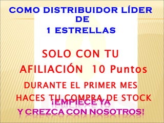 COMO DISTRIBUIDOR LÍDER DE  1 ESTRELLAS SOLO CON TU AFILIACIÓN  10 Puntos DURANTE EL PRIMER MES HACES TU COMPRA DE STOCK 