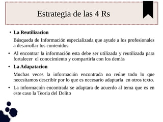 Estrategia de las 4 Rs
●
La ReutilizacionLa Reutilizacion
Búsqueda de Información especializada que ayude a los profesionales
a desarrollar los contenidos.
● Al encontrar la información esta debe ser utilizada y reutilizada para
fortalecer el conocimiento y compartirla con los demás
● La Adapatacion
Muchas veces la información encontrada no reúne todo lo que
necesitamos describir por lo que es necesario adaptarla en otros texto.
● La información encontrada se adaptara de acuerdo al tema que es en
este caso la Teoria del Delito
 