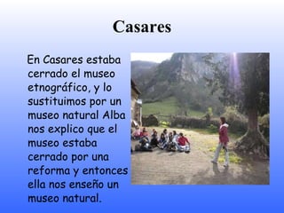Casares
En Casares estaba
cerrado el museo
etnográfico, y lo
sustituimos por un
museo natural Alba
nos explicó que el
museo estaba
cerrado por una
reforma y entonces
ella nos enseñó un
museo natural.
 