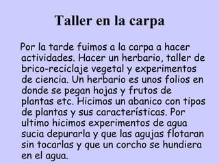 Taller en la carpa
Por la tarde fuimos a la carpa a hacer
actividades. Hacer un herbario, taller de
brico-reciclaje vegetal y experimentos
de ciencia. Un herbario es unos folios en
donde se pegan hojas y frutos de
plantas etc. Hicimos un abanico con tipos
de plantas y sus características. Por
último hicimos experimentos de agua
sucia depurarla y que las agujas flotaran
sin tocarlas y que un corcho se hundiera
en el agua.
 