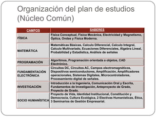 Organización del plan de estudios
(Núcleo Común)
     CAMPOS                                     SABERES
                     Física Conceptual, Física Mecánica, Electricidad y Magnetismo,
FÍSICA               Óptica, Ondas y Física Moderna.

                     Matemáticas Básicas, Calculo Diferencial, Calculo Integral,
                     Calculo Multivariado, Ecuaciones Diferenciales, Álgebra Lineal,
MATEMÁTICA           Probabilidad y Estadística, Análisis de señales

                  Algoritmos, Programación orientada a objetos, CAD
PROGRAMACIÓN
                  Electrónico.
                  Circuitos DC, Circuitos AC, Campos electromagnéticos,
FUNDAMENTACIÓN    Dispositivos semiconductores, Amplificación, Amplificadores
ELECTRÓNICA       operacionales, Sistemas Digitales, Microcontroladores,
                  Procesamiento digital de señales.
                  Introducción a la Ingeniería, Comunicación Oral y Escrita,
INVESTIGACIÓN     Fundamentos de Investigación, Anteproyecto de Grado,
                  Proyecto de Grado.
                  Proyecto de Vida, Identidad Institucional, Constitución y
                  Democracia, Cultura Ecológica, 2 Electivas Humanísticas, Ética,
SOCIO HUMANÍSTICA 3 Seminarios de Gestión Empresarial.
 