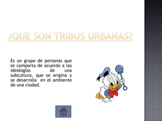 Es un grupo de personas que
se comporta de acuerdo a las
ideologías        de     una
subcultura, que se origina y
se desarrolla en el ambiente
de una ciudad.
 