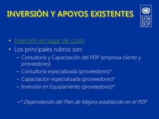 INVERSIÓN Y APOYOS EXISTENTES


• Inversión en lugar de costo
• Los principales rubros son:
   – Consultoría y Capacitación del PDP (empresa cliente y
     proveedores)
   – Consultoría especializada (proveedores)*
   – Capacitación especializada (proveedores)*
   – Inversión en Equipamiento (proveedores)*

   =* Dependiendo del Plan de Mejora establecido en el PDP
 