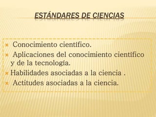 ESTÁNDARES DE CIENCIAS
 Conocimiento científico.
 Aplicaciones del conocimiento científico
y de la tecnología.
 Habilidades asociadas a la ciencia .
 Actitudes asociadas a la ciencia.
 