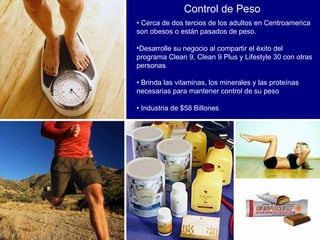 Control de Peso •  Cerca de dos tercios de los adultos en Centroamerica son obesos o están pasados de peso.     Desarrolle su negocio al compartir el éxito del programa Clean 9, Clean 9 Plus y Lifestyle 30 con otras personas •  Brinda las vitaminas, los minerales y las proteínas necesarias para mantener control de su peso •  Industria de $58 Billones  