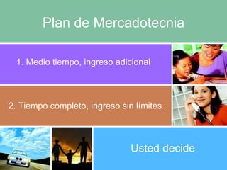 Plan de Mercadotecnia 1. Medio tiempo, ingreso adicional 2.  Tiempo completo, ingreso sin límites Usted decide 